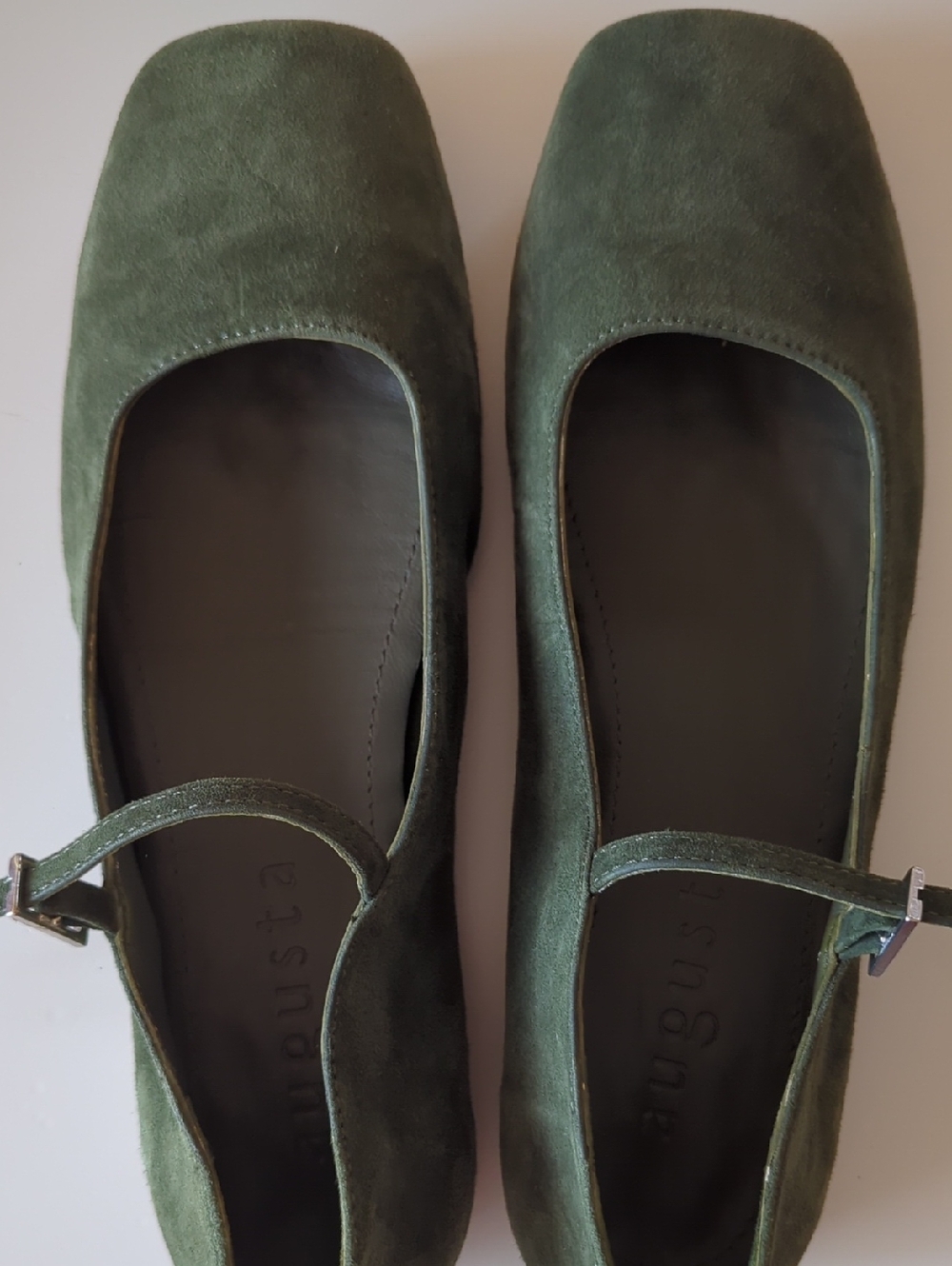 Square Toe Olive Green Suede Mary Jane Flats